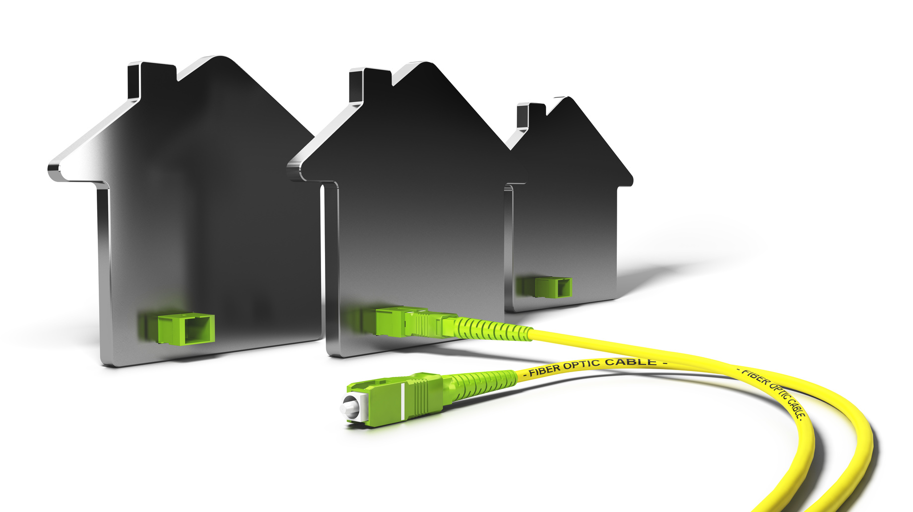 3D illustration of a FTTH network for high broadband access over white background